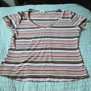 Wishful Park Pink and Black Striped V-Neck Tee Size Lg